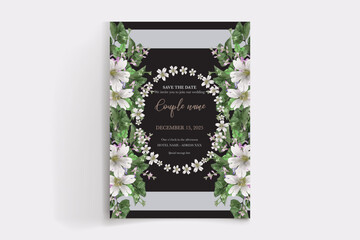 WEDDING INVITATION FRAME WITH FLOWER DECORATIONS AND FRESH LEAVES