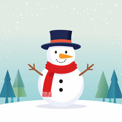 Charming cartoon snowman stands cheerfully in a serene winter wonderland, adorned with a stylish top hat and a vibrant red scarf amidst falling snow and evergreen trees, embodying the festive spirit