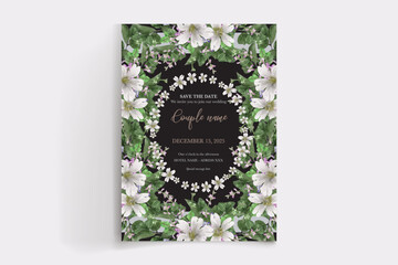 WEDDING INVITATION FRAME WITH FLOWER DECORATIONS AND FRESH LEAVES