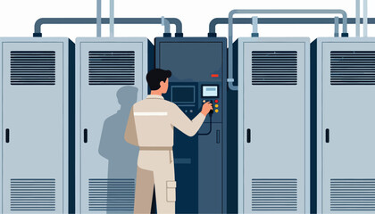 Worker adjusts control panel near server racks in a cool-toned industrial setting