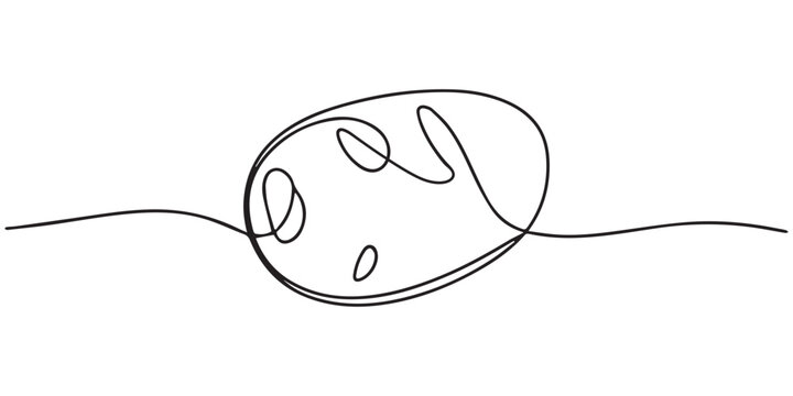 Continuous one line drawing of organic potatoes with handwritten lettering in minimalist vector illustration design style, potato continuous one line drawing, Potatoes vector illustration.