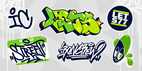 Green Abstract Urban Graffiti Style Stickers With Some Street Art Lettering Template Set