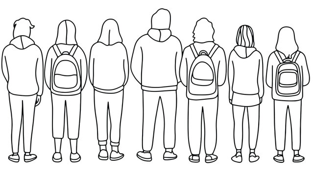 A group of seven people stand facing away from the viewer, all wearing hooded sweatshirts and backpacks.