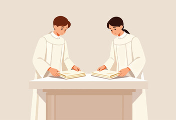 Obraz premium Two young people in white robes stand at a table with books