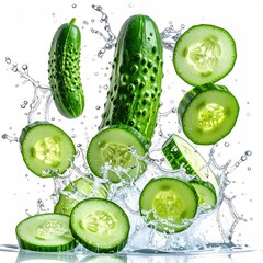Fresh cucumber slices in water splashes