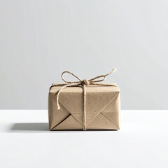 A simple kraft paper package tied with twine sits on a white surface against a light gray background