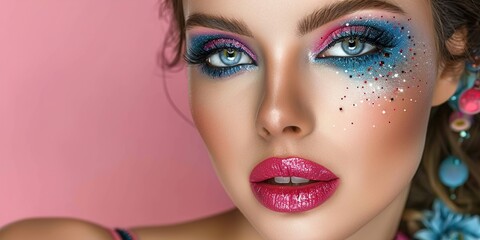 Woman with colorful makeup and glitter on her face closeup