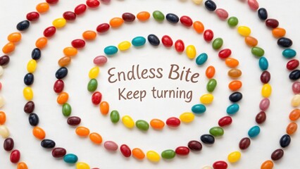 A spiral arrangement of colorful jelly beans with text