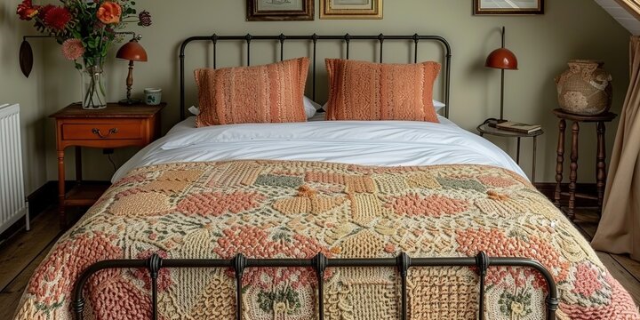 Cozy bedroom with patchwork quilt and metal bed frame