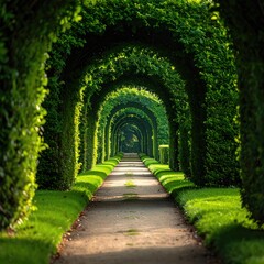 Lush green hedges form an archway tunnel, leading down a pathway in a sunlit garden