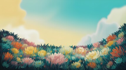 Vibrant floral landscape under a bright cloudy sky