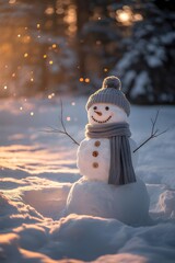 A cheerful snowman in a snowy landscape at sunset