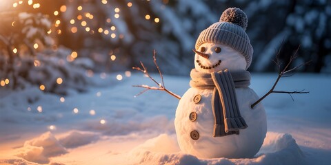 Snowman in a festive winter scene with lights