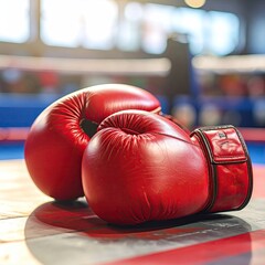 Pair of red boxing gloves on a boxing ring floor