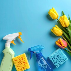 Spring cleaning supplies and flowers