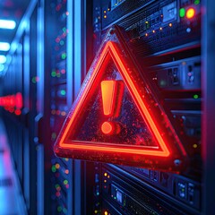 Warning sign glows red, warning of server issue, amidst rack of dark servers