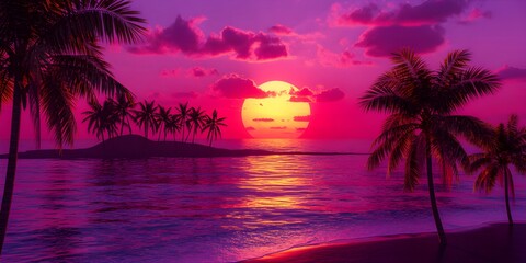 Tropical sunset on a serene beach with palm trees