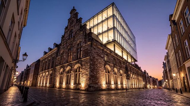 Historic European city architecture featuring a juxtaposition of illuminated ancient stone facade with a modern glass office building at twilight