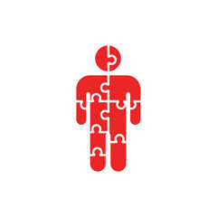 A red puzzle figure with missing pieces standing alone on a white background