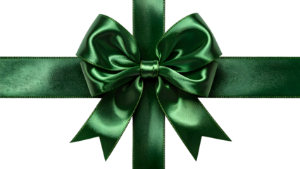 Shiny green satin ribbon bow isolated on a white background as a festive Christmas holiday gift decoration or silk present element for a celebration or birthday anniversary