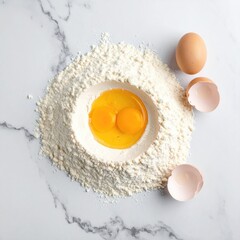 Fresh eggs and flour on a marble surface