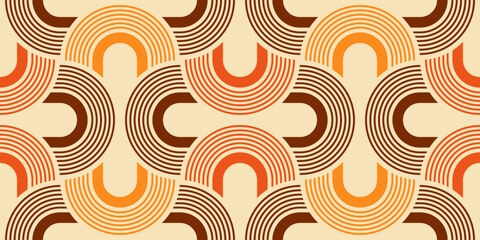 Retro Geometric Seamless Pattern with Abstract Rainbow Arches for Textile, Wallpaper, Branding and Background Design. Vintage Mid Century Modern Seamless Pattern.
