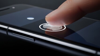 Close-up of a finger scanning a smartphone's biometric fingerprint sensor for security access