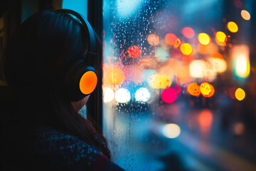 Urban subway scene with stylish person riding train through city local public transportation commute generative ai