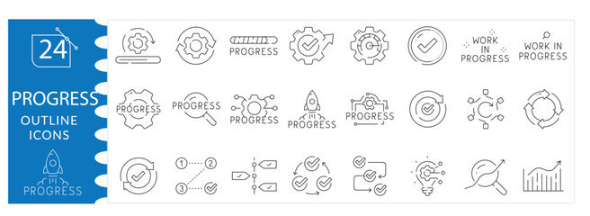 Progress and Performance Icon Set. Linear and Circular Line Icons for Tracking Milestones, Goals, Workflow Status, Loading Sequences, and Achievement Metrics. Editable Stroke Vector Illustration.