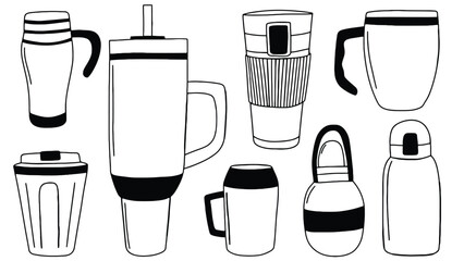 Collection of various insulated mugs and cups for hot or cold beverages.