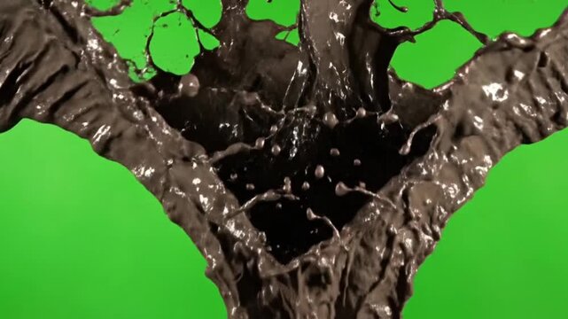 Mud splash bursting upward rough droplets messy texture slow motion clean green screen background,