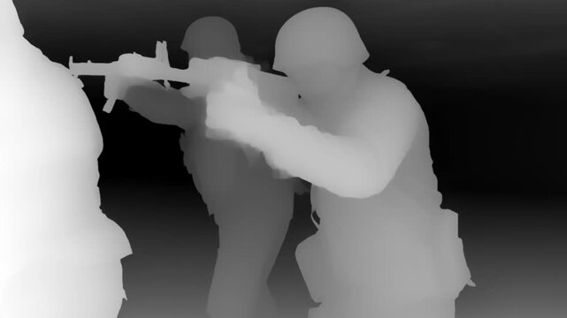 Grayscale depth map showing tactical personnel in formation aiming weapons, intended for AI vision systems, simulation environments, or security-focused 3D modeling.
