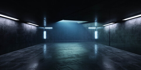 Cyber Futuristic Underground Basement Center Sci Fi Laser Neon Glowing VIbrant Concrete Grunge Warehouse Dystopian 3D Rendering