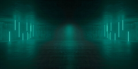 Cyber Futuristic Underground Basement Center Sci Fi Laser Neon Glowing VIbrant Concrete Grunge Warehouse Dystopian 3D Rendering