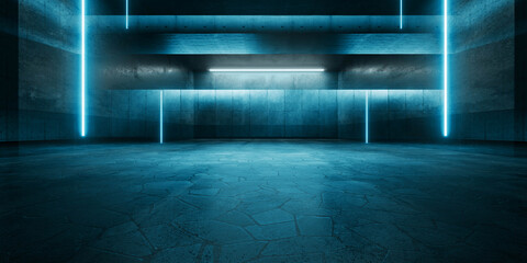 Cyber Futuristic Underground Basement Center Sci Fi Laser Neon Glowing VIbrant Concrete Grunge Warehouse Dystopian 3D Rendering