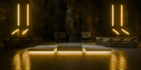 Cyber Futuristic Underground Basement Center Sci Fi Laser Neon Glowing VIbrant Concrete Grunge Warehouse Dystopian 3D Rendering