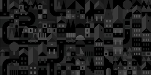 Seamless Trendy Dark Black Abstract Night City Geometric Pattern Vector Illustration Background Template
