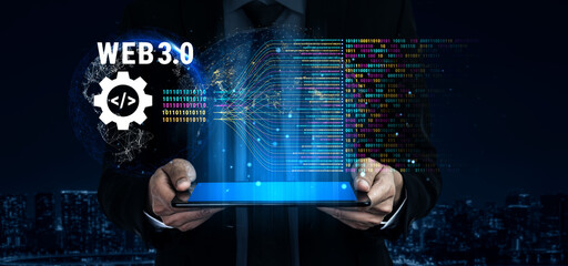 The concept of Web 3.0 development and decentralized data processing. The flow of binary code and information in the next generation internet. Motif