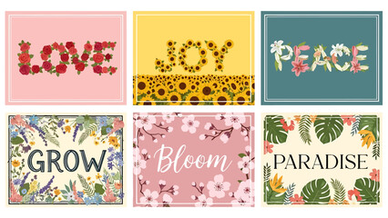 Diverse collection of vibrant floral text designs, artfully crafted with blooming flowers and lush greenery to convey positive messages of love, joy, and growth in a charming, natural style