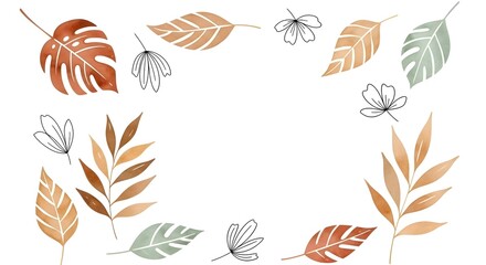 Fototapeta premium Boho botanical watercolor illustration featuring soft hand-painted leaves and natural pastel tones. Suitable for wall art, invitations, stationery, branding, and lifestyle-themed designs.