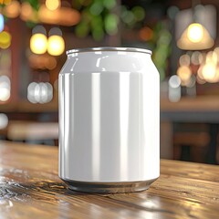 Blank white soda can on a wooden bar top.  Blurred background of warm lights and bar elements