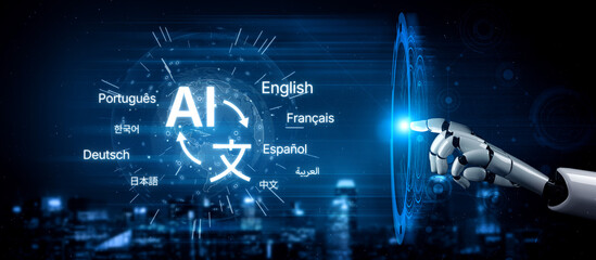 Obraz premium AI bridges languages with multilingual assistants, smart translation tools, and cross-cultural virtual learning environments. Artificial intelligence spline