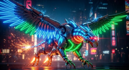 Fototapeta premium Neon bird in city night.