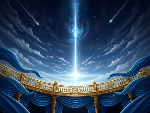 A cinematic celestial theater backdrop with an ornate golden balcony flowing blue curtains and a vast night sky filled with glowing stars clouds and shooting stars illuminated by a radiant central bea
