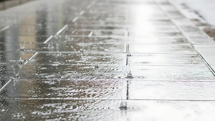 Raindrops falling on paved ground, creating ripples and reflections in the water