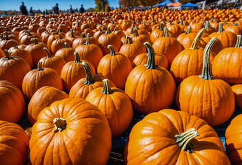 Pumpkins at fall festival. Orange pumpkin background