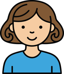 Obraz premium Cartoon woman character with brown wavy hair vector illustration. Simple flat style female avatar wearing a blue shirt