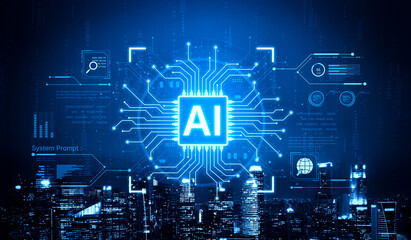 A futuristic AI core processor and system analytics dashboard. This concept highlights the raw processing power of AI for deep data analysis, system diagnostics, and global network monitoring. Fermion