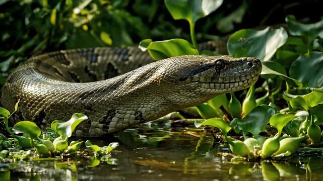 A close-up view of a large python snake resting partially submerged in shallow water, surrounded by lush green aquatic plants.