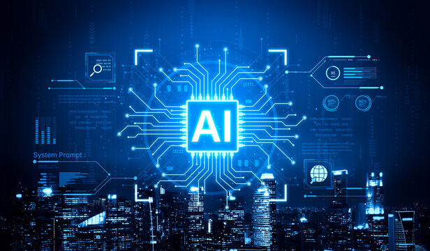 A futuristic AI core processor and system analytics dashboard. This concept highlights the raw processing power of AI for deep data analysis, system diagnostics, and global network monitoring. Fermion - Powered by Adobe